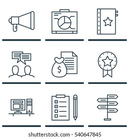 Set Of 9 Project Management Icons. Includes Present Badge, Discussion, Board And Other Symbols. Beautiful Design Elements.