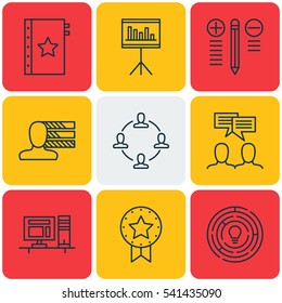 Set Of 9 Project Management Icons. Includes Presentation, Present Badge, Discussion And Other Symbols. Beautiful Design Elements.