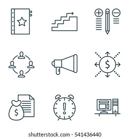 Set Of 9 Project Management Icons. Includes Warranty, Growth, Time Management And Other Symbols. Beautiful Design Elements.
