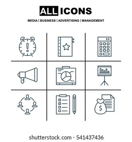 Set Of 9 Project Management Icons. Includes Presentation, Reminder, Collaboration And Other Symbols. Beautiful Design Elements.