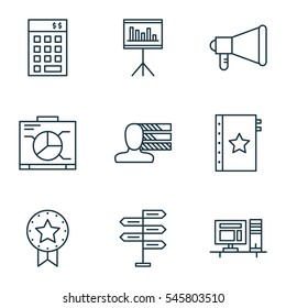Set Of 9 Project Management Icons. Includes Investment, Present Badge, Announcement And Other Symbols. Beautiful Design Elements.