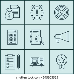 Set Of 9 Project Management Icons. Includes Present Badge, Innovation, Report And Other Symbols. Beautiful Design Elements.