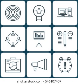 Set Of 9 Project Management Icons. Includes Collaboration, Present Badge, Time Management And Other Symbols. Beautiful Design Elements.