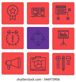 Set Of 9 Project Management Icons. Includes Board, Present Badge, Announcement And Other Symbols. Beautiful Design Elements.
