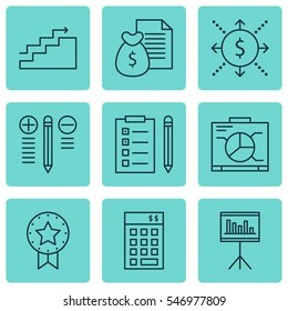 Set Of 9 Project Management Icons. Includes Money, Report, Present Badge And Other Symbols. Beautiful Design Elements.