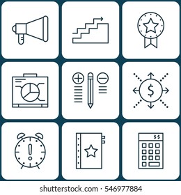 Set Of 9 Project Management Icons. Includes Time Management, Decision Making, Money And Other Symbols. Beautiful Design Elements.