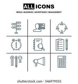 Set Of 9 Project Management Icons. Includes Investment, Decision Making, Time Management And Other Symbols. Beautiful Design Elements.