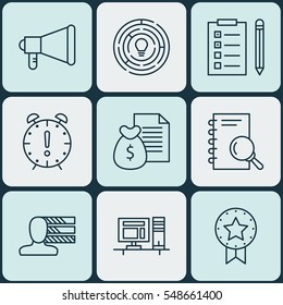 Set Of 9 Project Management Icons. Includes Present Badge, Computer, Analysis And Other Symbols. Beautiful Design Elements.