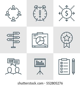 Set Of 9 Project Management Icons. Includes Opportunity, Discussion, Time Management And Other Symbols. Beautiful Design Elements.