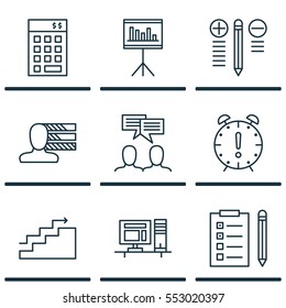Set Of 9 Project Management Icons. Includes Personal Skills, Presentation, Investment And Other Symbols. Beautiful Design Elements.