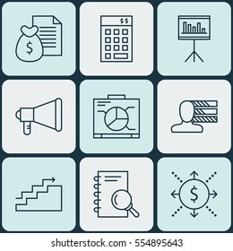 Set Of 9 Project Management Icons. Includes Report, Board, Announcement And Other Symbols. Beautiful Design Elements.