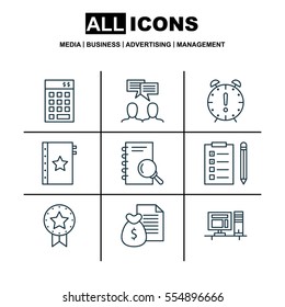 Set Of 9 Project Management Icons. Includes Report, Time Management, Discussion And Other Symbols. Beautiful Design Elements.
