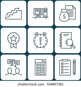 Set Of 9 Project Management Icons. Includes Time Management, Report, Discussion And Other Symbols. Beautiful Design Elements.