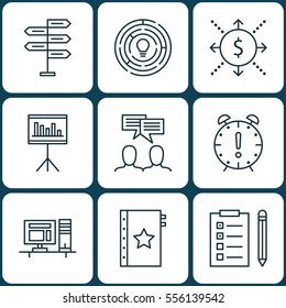 Set Of 9 Project Management Icons. Includes Presentation, Warranty, Time Management And Other Symbols. Beautiful Design Elements.