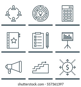 Set Of 9 Project Management Icons. Includes Announcement, Presentation, Warranty And Other Symbols. Beautiful Design Elements.