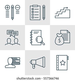 Set Of 9 Project Management Icons. Includes Analysis, Personal Skills, Report And Other Symbols. Beautiful Design Elements.