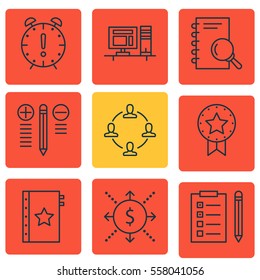 Set Of 9 Project Management Icons. Includes Present Badge, Collaboration, Decision Making And Other Symbols. Beautiful Design Elements.