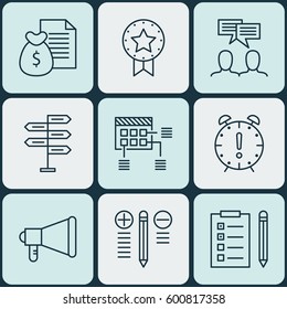 Set Of 9 Project Management Icons. Includes Time Management, Schedule, Report And Other Symbols. Beautiful Design Elements.