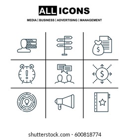 Set Of 9 Project Management Icons. Includes Personal Skills, Warranty, Announcement And Other Symbols. Beautiful Design Elements.