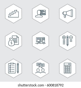 Set Of 9 Project Management Icons. Includes Personal Skills, Growth, Report And Other Symbols. Beautiful Design Elements.