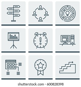 Set Of 9 Project Management Icons. Includes Time Management, Innovation, Present Badge And Other Symbols. Beautiful Design Elements.