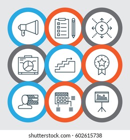 Set Of 9 Project Management Icons. Includes Money, Announcement, Present Badge And Other Symbols. Beautiful Design Elements.