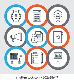 Set Of 9 Project Management Icons. Includes Reminder, Investment, Announcement And Other Symbols. Beautiful Design Elements.