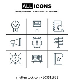 Set Of 9 Project Management Icons. Includes Warranty, Opportunity, Present Badge And Other Symbols. Beautiful Design Elements.