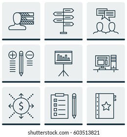 Set Of 9 Project Management Icons. Includes Decision Making, Discussion, Personal Skills And Other Symbols. Beautiful Design Elements.