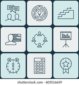 Set Of 9 Project Management Icons. Includes Present Badge, Presentation, Innovation And Other Symbols. Beautiful Design Elements.