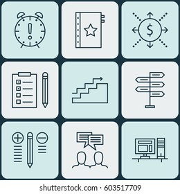 Set Of 9 Project Management Icons. Includes Discussion, Opportunity, Computer And Other Symbols. Beautiful Design Elements.