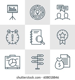 Set Of 9 Project Management Icons. Includes Presentation, Report, Present Badge And Other Symbols. Beautiful Design Elements.