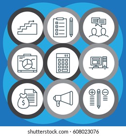 Set Of 9 Project Management Icons. Includes Discussion, Announcement, Decision Making And Other Symbols. Beautiful Design Elements.