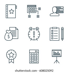 Set Of 9 Project Management Icons. Includes Present Badge, Reminder, Warranty And Other Symbols. Beautiful Design Elements.