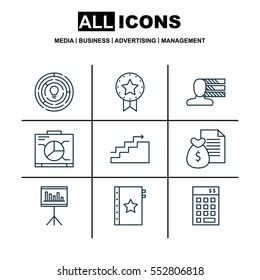 Set Of 9 Project Management And Talent Icons. Includes Brainstorming, Personal Details, Board, Report, Personal Skills And Other Talent Icon Symbols. Beautiful Design Vector Elements. 