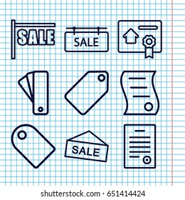 Set of 9 promotion outline icons such as tag, sale tag, bill of house sell, bill of house