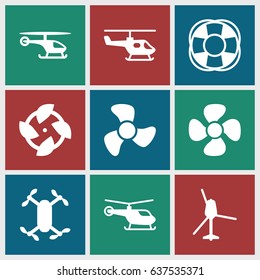 set of 9 propeller filled icons such as helicopter, fan