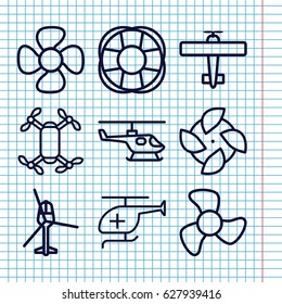 Set of 9 propeller outline icons such as fan, medical helicopter, helicopter, plane