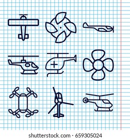 Set of 9 propeller outline icons such as helicopter, fan, medical helicopter, plane