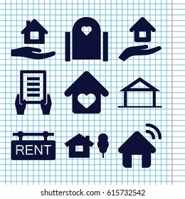 Set of 9 property filled icons such as home, home care, holding document, love home, rent tag, house insurance, house signal, house and tree