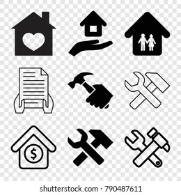 Set of 9 property filled and outline icons such as family home, house insurance, hummer and wrench, house sale, hummer, holding document