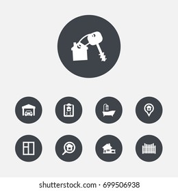 Set Of 9 Property Icons Set.Collection Of Casement, Home, Car And Other Elements.