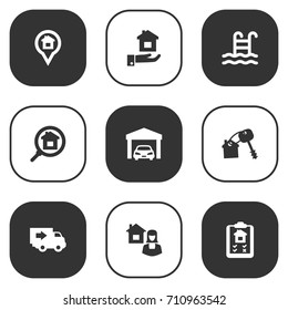 Set Of 9 Property Icons Set.Collection Of Pin, Mortgage, Property And Other Elements.