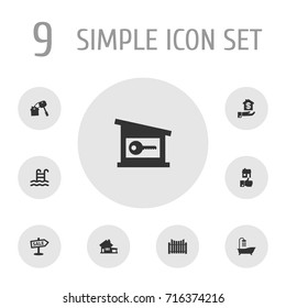 Set Of 9 Property Icons Set.Collection Of Lock, Home, Barrier And Other Elements.