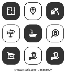 Set Of 9 Property Icons Set.Collection Of Pin, Mortgage, House Keys And Other Elements.
