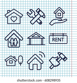 Set of 9 property outline icons such as home, hummer and wrench, hummer, family home, rent tag, house insurance
