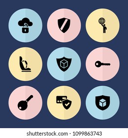Set of 9 protect filled icons such as key, card protection, cargo insurance, man holding globe, shield, baby seat in car