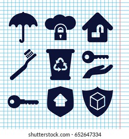 Set of 9 protect filled icons such as umbrella, toothbrush, recycle bin, key, cargo insurance, home lock, home security, key on hand