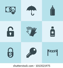 Set of 9 protection filled icons such as gloves, road barrier, baby bottle, money security, unlock, umbrella, key