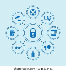 Set of 9 protection filled icons such as trash bin, money lock, baby bottle, money security, megaphone, lifebuoy, sunglasses